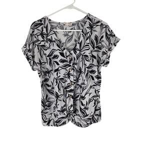 Flower & Feather Art Deco Cap Sleeve Top M‎ Womens White Black V Neck Casual